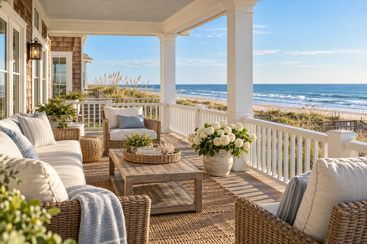 AI-created illustration of a coastal home with a covered porch and beach surroundings.