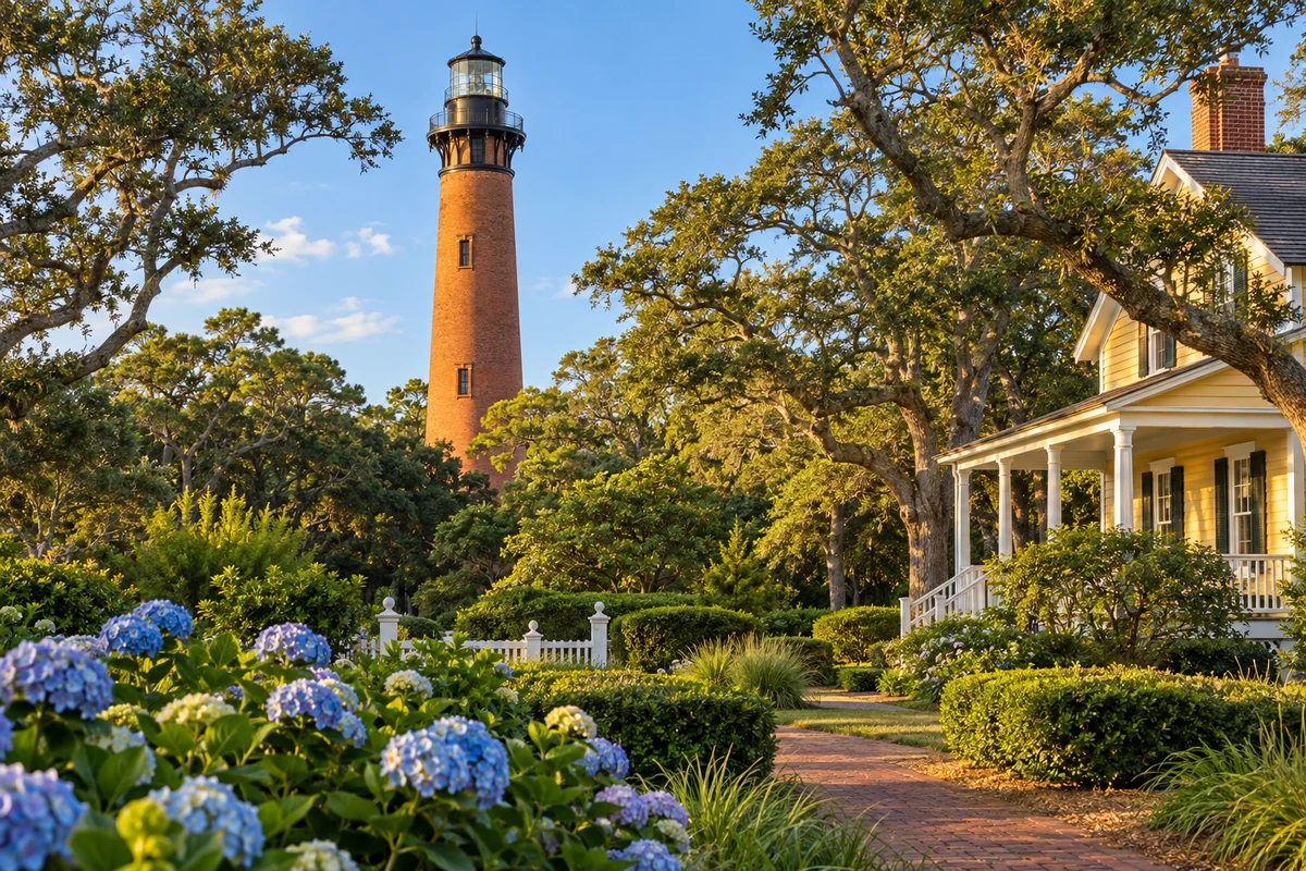 AI-created illustration of Corolla village, coastal homes and the red-brick Currituck Beach Lighthouse.