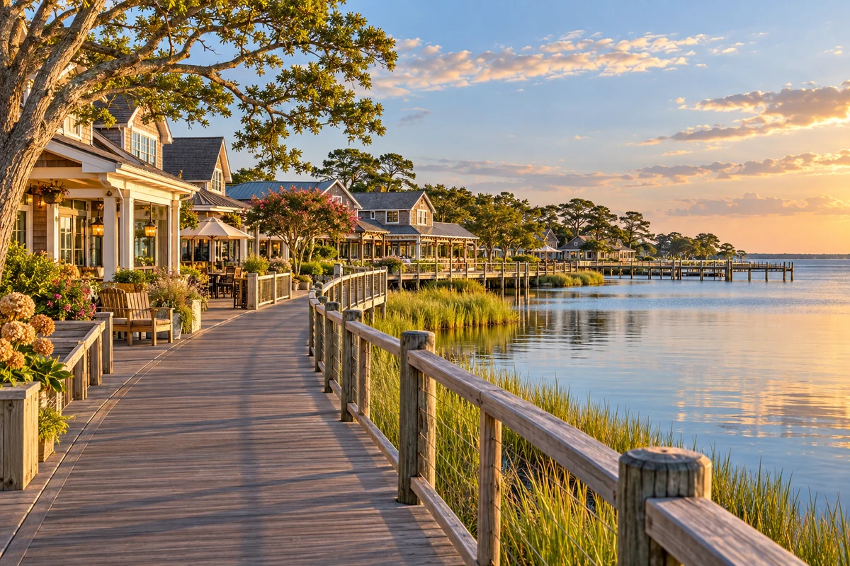 AI-created illustration of Duck soundside shops and a wooden boardwalk beside the Currituck Sound.