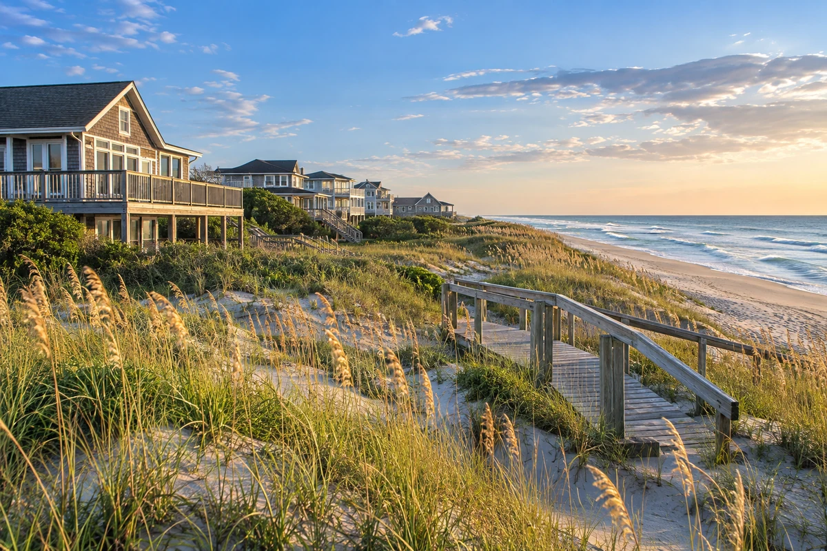 AI-created illustration of Kitty Hawk beach cottages and an ocean-access walkway.