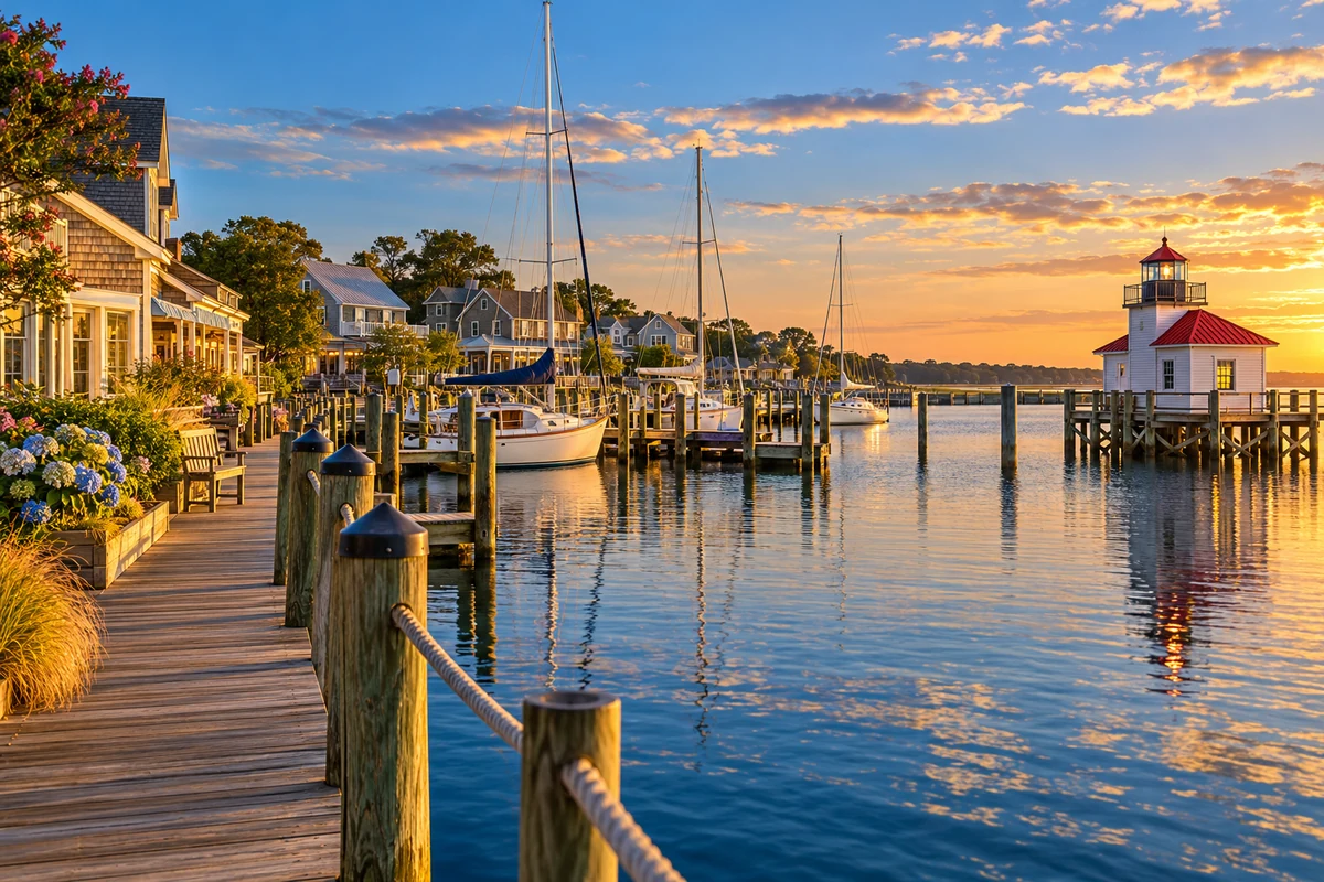 AI-created illustration of the Manteo harbor and waterfront on Roanoke Island.