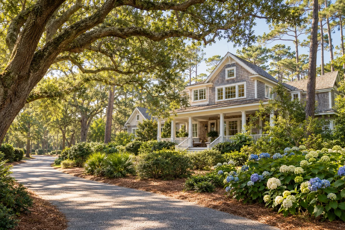 AI-created illustration of a wooded Southern Shores coastal neighborhood.