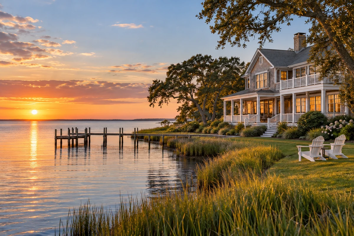 AI-created illustration of a coastal waterfront home overlooking calm sound waters.